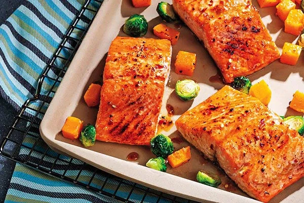 Sheet-Pan Honey Mustard Glazed Salmon with Roasted Vegetables